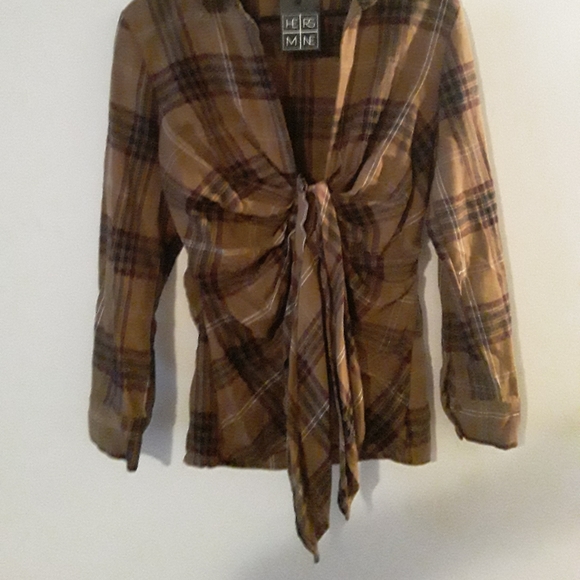 Hers&Mine Womens Plaid ButtonUp Shirt TieUp Waist - Picture 5 of 16